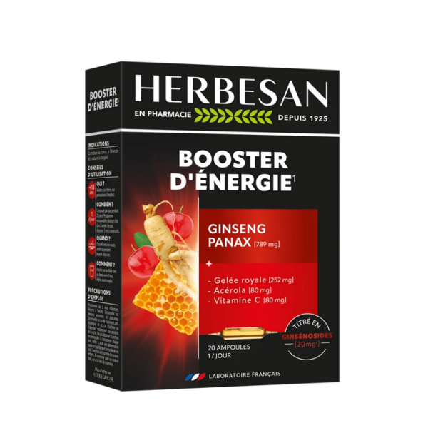 Herbesan Booster D'Énergie Ginseng Panax 789mg 20 Ampoules